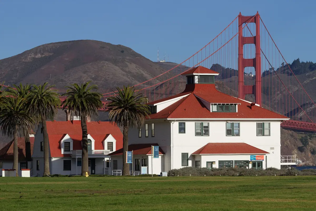 The old Coast Guard station at Crissy Field with the bridge behind