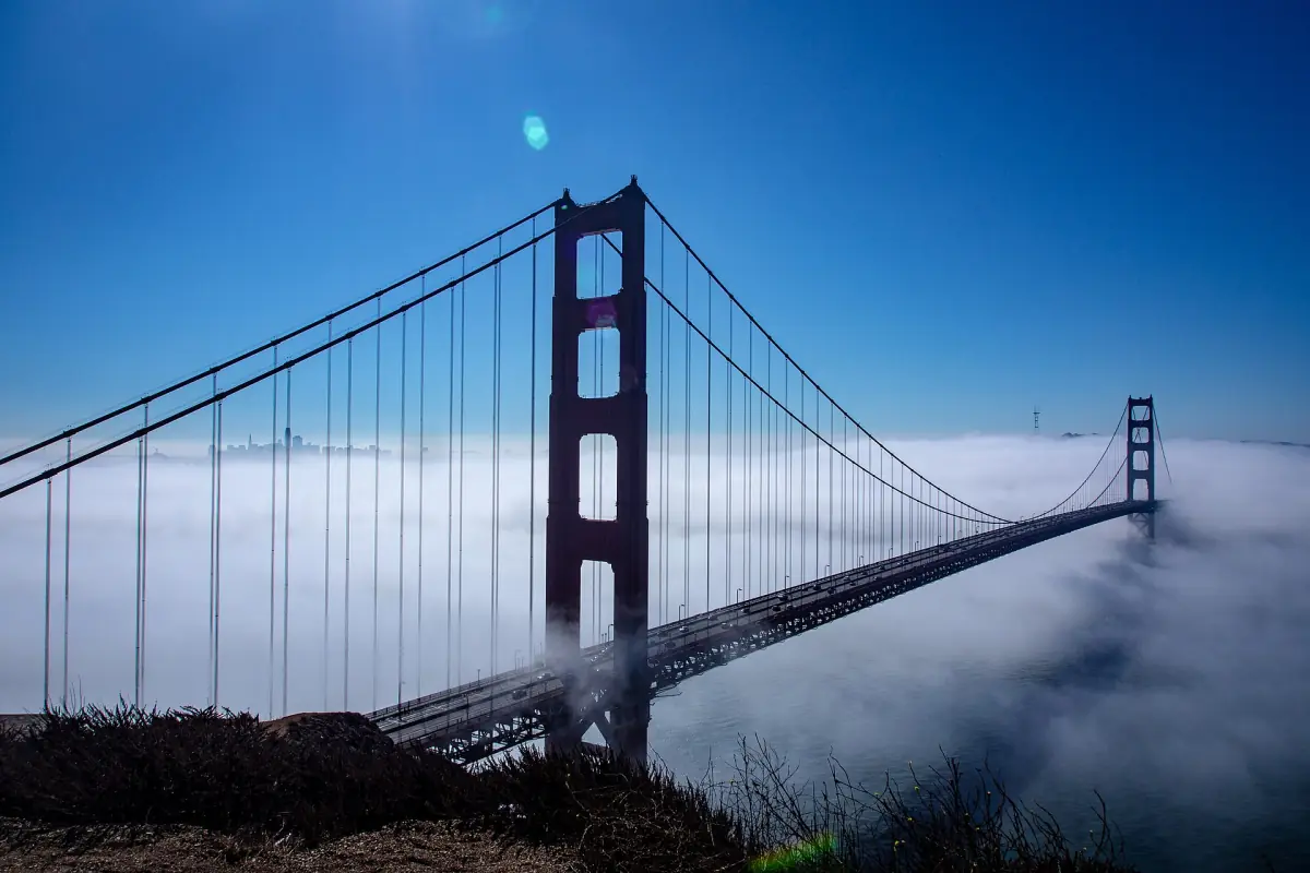 The bridge towers rising above the fog, seen from Battery Spencer