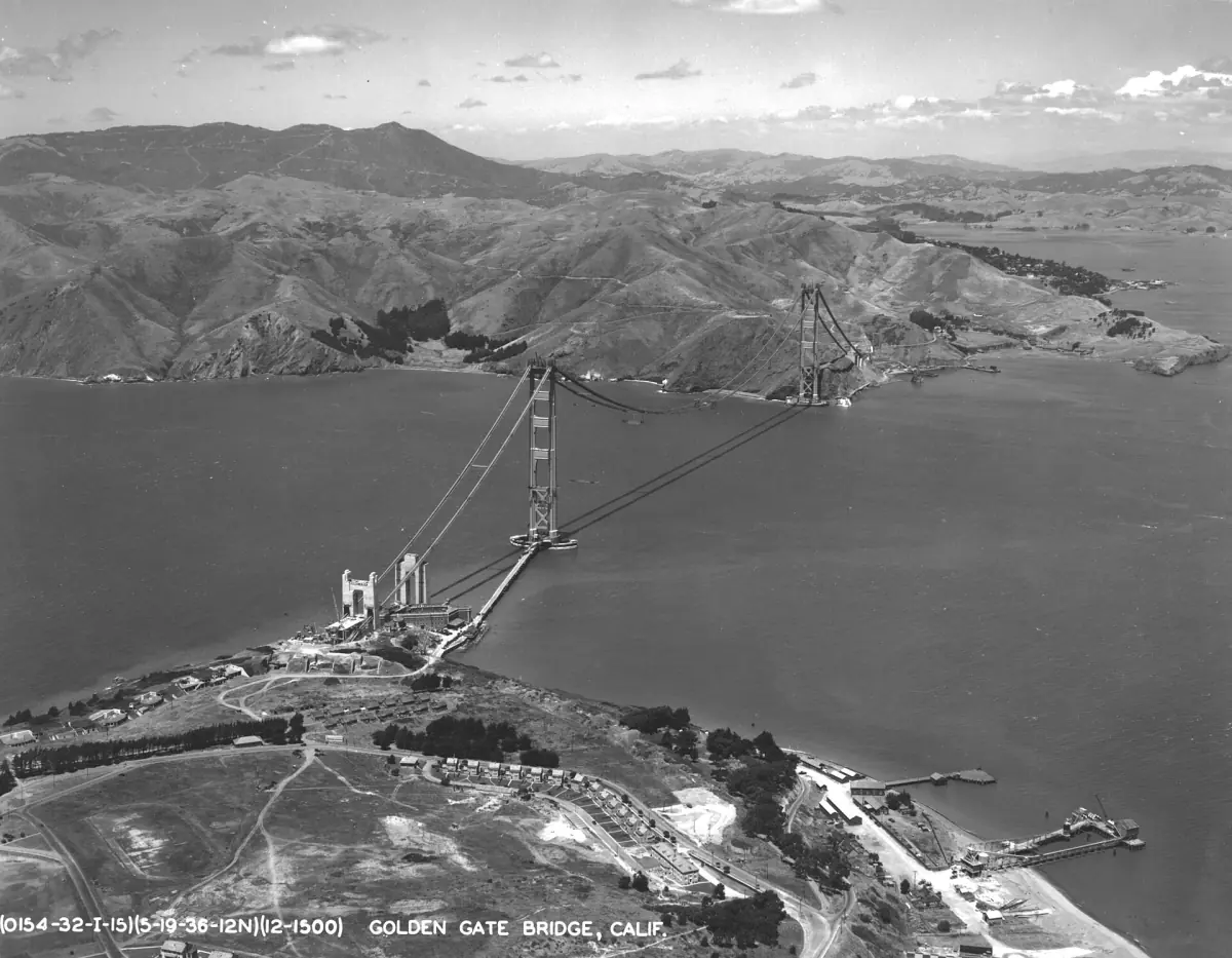 Historic aerial photograph of the Golden Gate Bridge
