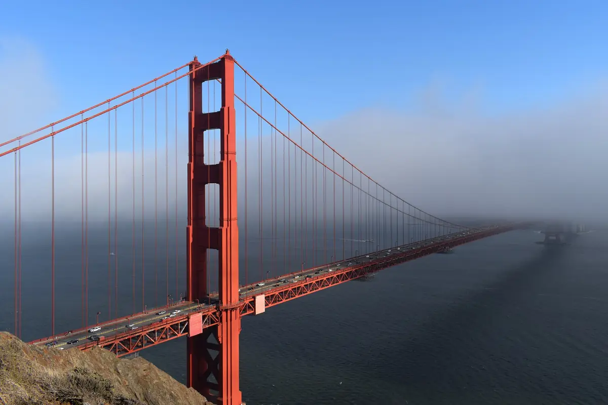 The Golden Gate Bridge from the north side in low fog