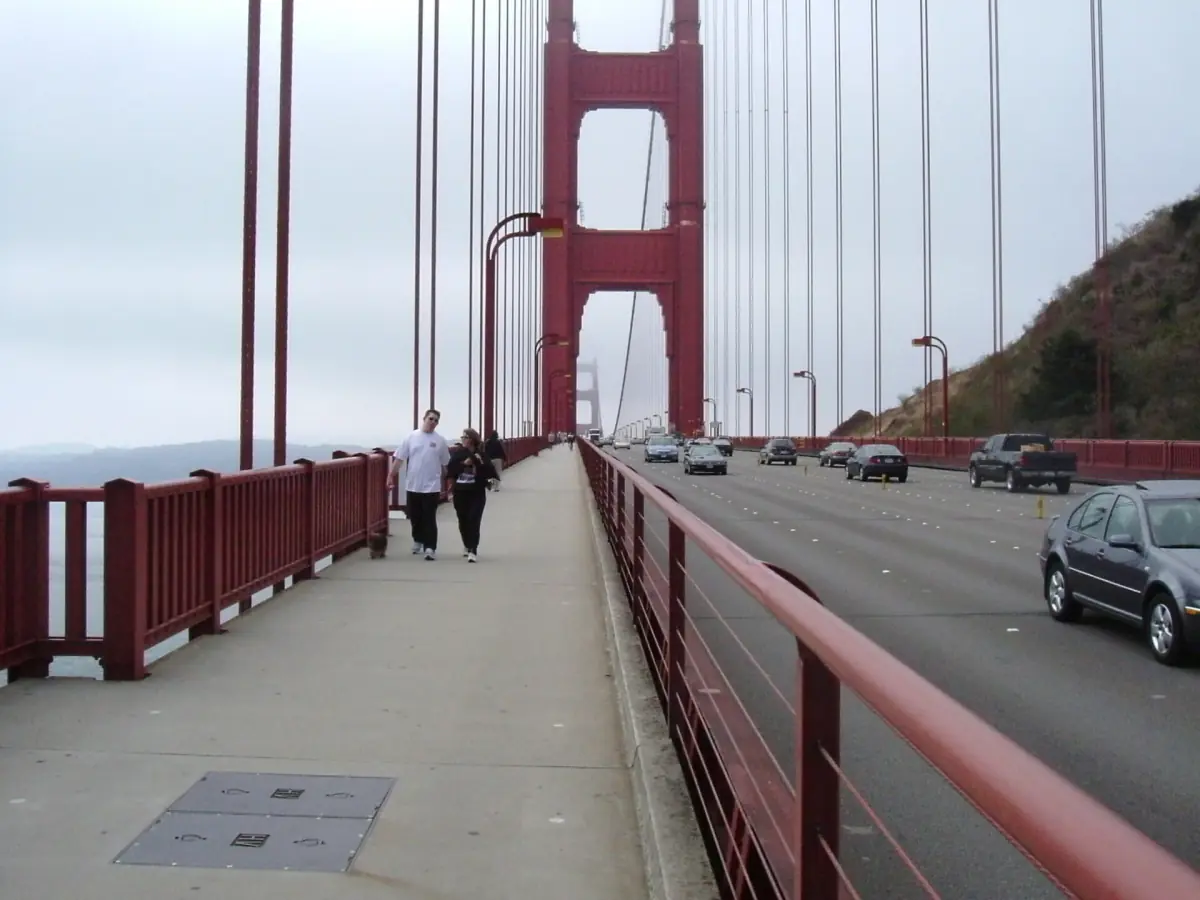 Walking on the Golden Gate Bridge sidewalk